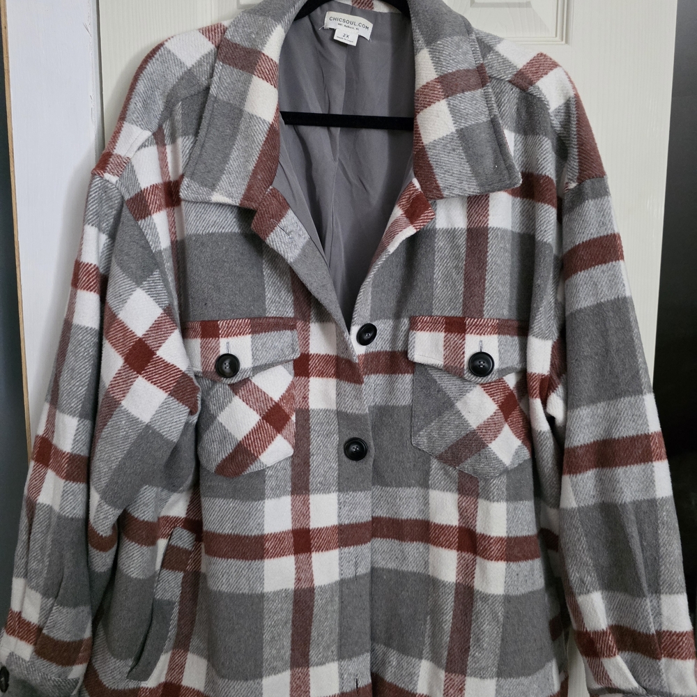 Chic Soul Gray and Red Plaid Utility Jacket
